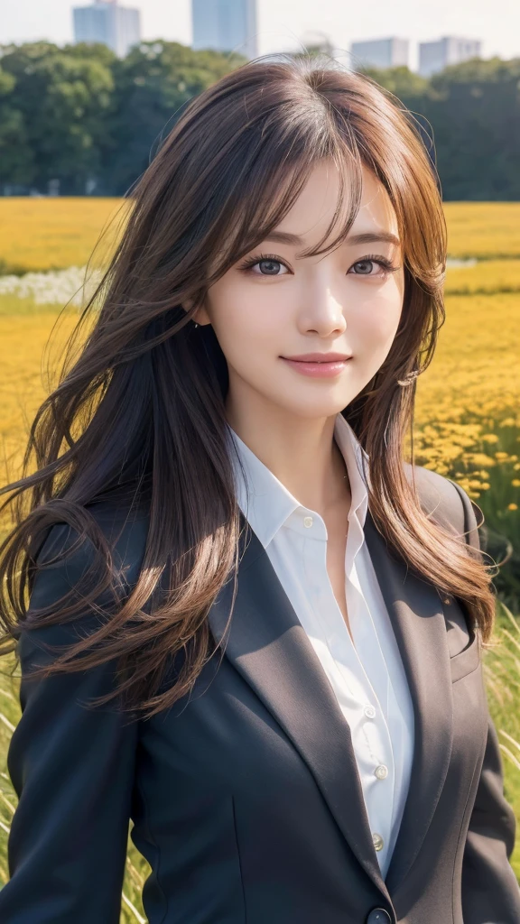 highest quality、genuine、Super detailed、finely、High resolution、8k wallpaper、one beautiful woman、、、light brown disheveled hair、wearing a business suit、sharp focus、perfect dynamic composition、beautiful and detailed eyes、thin hair、Detailed genuine skin texture、smile、model body shape、In Tokyo at morning、In a windswept meadow
