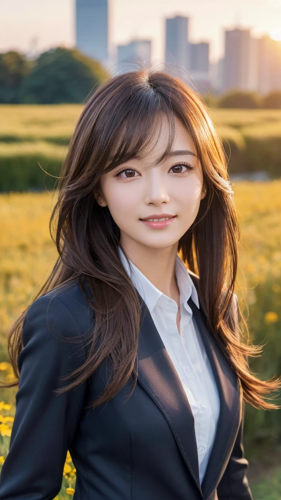 highest quality、genuine、Super detailed、finely、High resolution、8k wallpaper、one beautiful woman、、、light brown disheveled hair、wearing a business suit、sharp focus、perfect dynamic composition、beautiful and detailed eyes、thin hair、Detailed genuine skin texture、smile、model body shape、In Tokyo at morning、In a windswept meadow