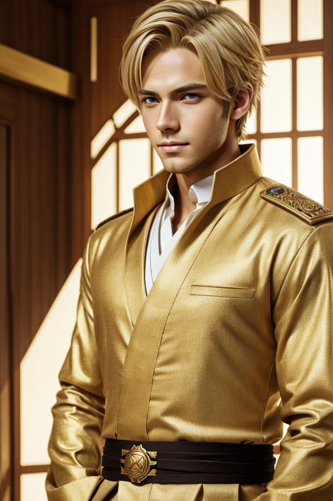 Human Development), Tafah, Best quality, 1 boy , Hakuki character, Short light blonde hair, Handsome face, Anime eyes, Detailed interior, Detailed character, He has golden eyes, wears a luxurious outfit, and wears a compass over his eyes