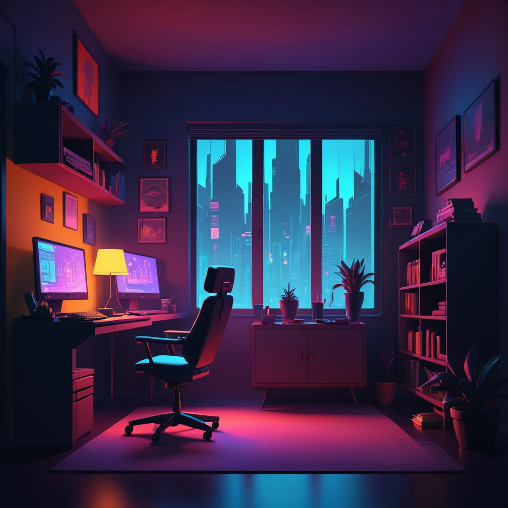 concept art in the style of James Gilleard a dark room with a computer and a lamp, atey ghailan 8 k, the cyberpunk apartment, digital concept art illustration, inspired by Liam Wong, cyberpunk apartment, inspired by Atey Ghailan, in style of atey ghailan, cyberpunk art style, detailed digital concept art, urban concept art, 8k hd wallpaper digital art, digital painting concept art,(Primary Colors:1.3) . digital artwork, illustrative, painterly, matte painting, highly detailed
