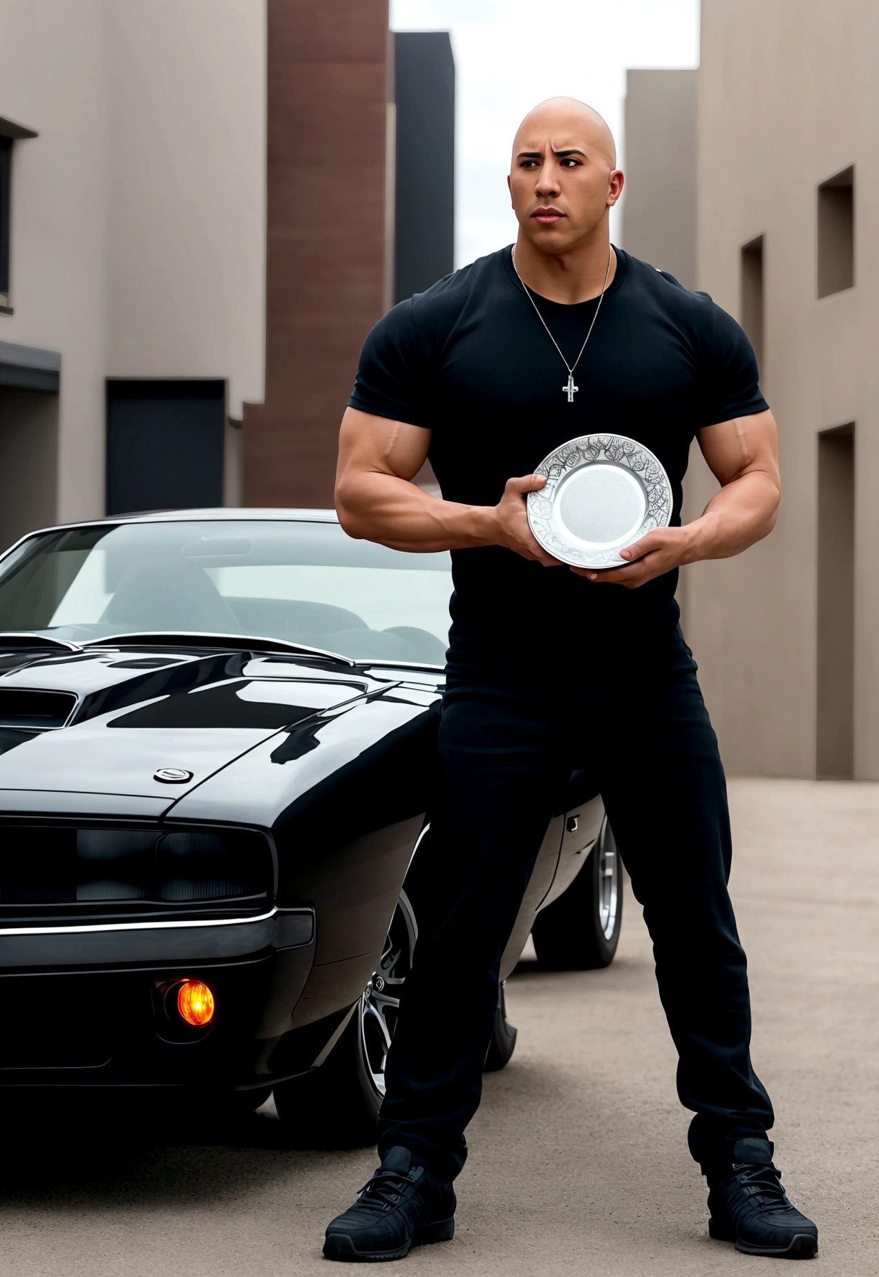 half body photography, Director of photography, ultra realistic, 1 man holding an empty plate, Beautiful face, Full body shot, Detailed clothing, Beautifully detailed, Extremely detailed eyes and face, Beautiful detailed eyes, (UHD, HDR, High Resolutions, ultra detailed, intricate details, Textural effects, absurdities, Masterpiece, 8k:1.2) See Vin Diesel in his iconic role as Dominic Toretto, from the 'Fast and Furious' franchise, standing next to a powerful black 1970 Dodge Charger RT in an urban setting. The evening sun illuminates the scene, creating a warm and energetic atmosphere. Dominic Toretto junto al Dodge Charger RT 1970, Shining with shiny metallic color and high-speed details. ((Toretto holds an empty plate in his hands.)) and his intense and determined look reveals his determination. You may feel like something exciting is about to happen... City lights reflect on the car body., and the noise of the engines and the adrenaline are breathed in the air. XF IQ4, 150 megapixels, 50mm, ISO 1000, 1/250s, natural light, Adobe Lightroom, photography laboratory, affinity photo, PhotoDirector 365 Waiting to get started