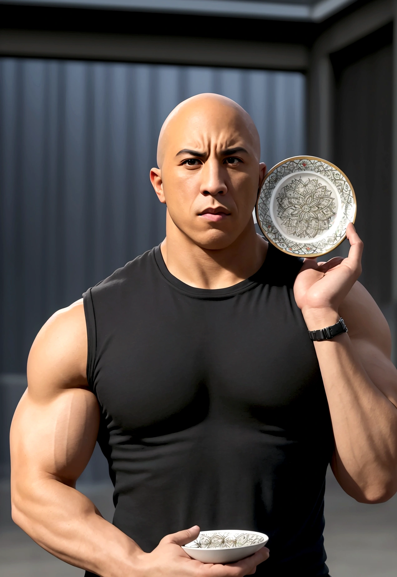 half body photography, Director of photography, ultra realistic, 1 man holding an empty plate, Beautiful face, Full body shot, Detailed clothing, Beautifully detailed, Extremely detailed eyes and face, Beautiful detailed eyes, (UHD, HDR, High Resolutions, ultra detailed, intricate details, Textural effects, absurdities, Masterpiece, 8k:1.2) See Vin Diesel in his iconic role as Dominic Toretto, from the &#39;Fast and Furious&#39; franchise, standing next to a powerful black 1970 Dodge Charger RT in an urban setting. The evening sun illuminates the scene, creating a warm and energetic atmosphere. Dominic Toretto junto al Dodge Charger RT 1970, Shining with shiny metallic color and high-speed details. ((Toretto holds an empty plate in his hands.)) and his intense and determined look reveals his determination. You may feel like something exciting is about to happen... City lights reflect on the car body., and the noise of the engines and the adrenaline are breathed in the air. XF IQ4, 150 megapixels, 50mm, ISO 1000, 1/250s, natural light, Adobe Lightroom, photography laboratory, affinity photo, PhotoDirector 365 Waiting to get started