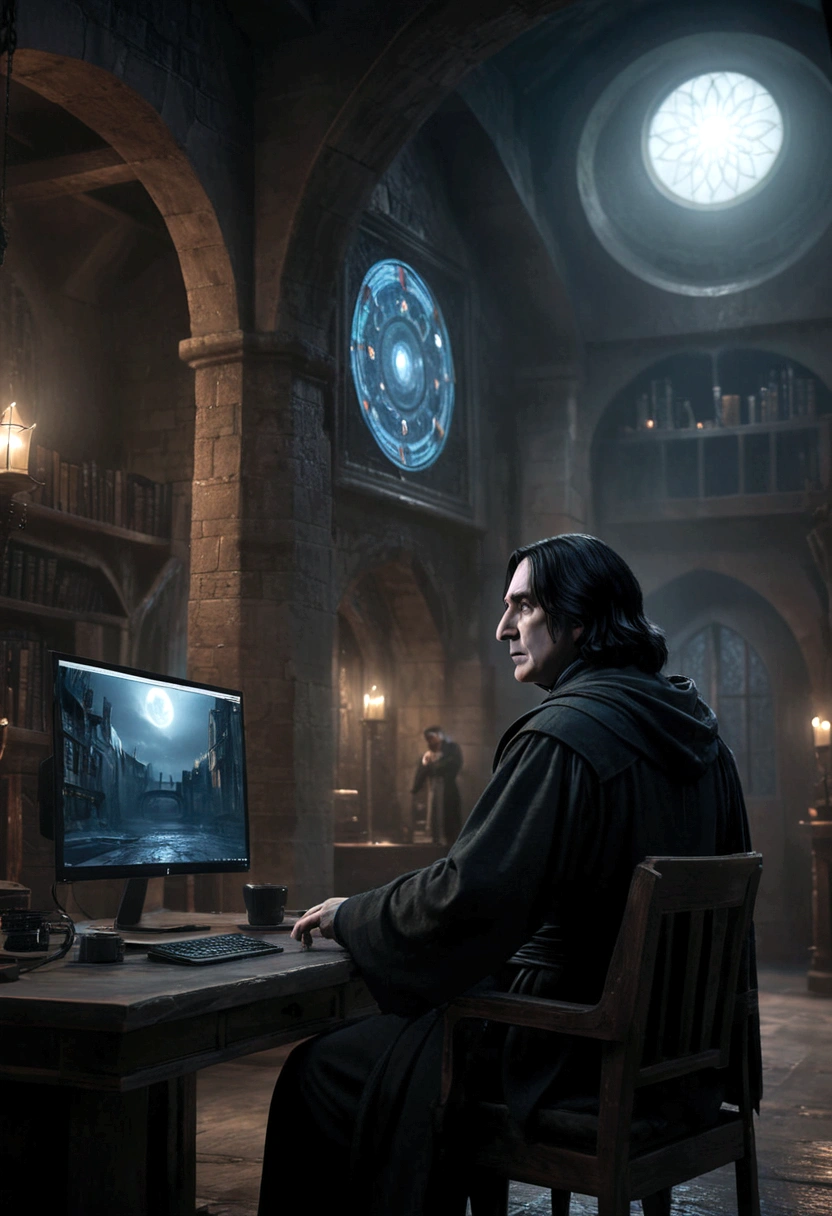 a dark mage severus snape in front of a large computer screen speaking to an artificial intelligence in a secret base, (best quality,4k,8k,highres,masterpiece:1.2),ultra-detailed,(realistic,photorealistic,photo-realistic:1.37),portrait,chiaroscuro lighting,moody atmosphere,dramatic lighting,intricate details,cinematic composition,dark fantasy,digital art,concept art