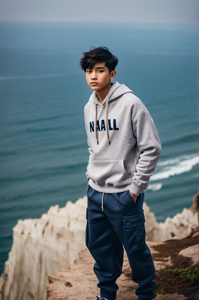 Young man indian face, wearing a navy blue hoodie jacket, cargo pants, standing on the edge of a high cliff. best quality