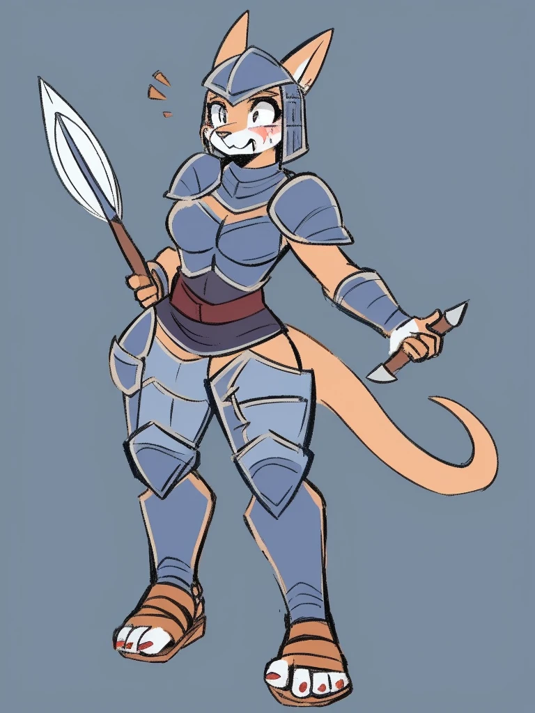 1girl, furry, furry_female, lizard_girl, solo, wearing full body, plate armor, , gladiator sandals, humanoid feet, holding a spear, nosebleed,bloody nose