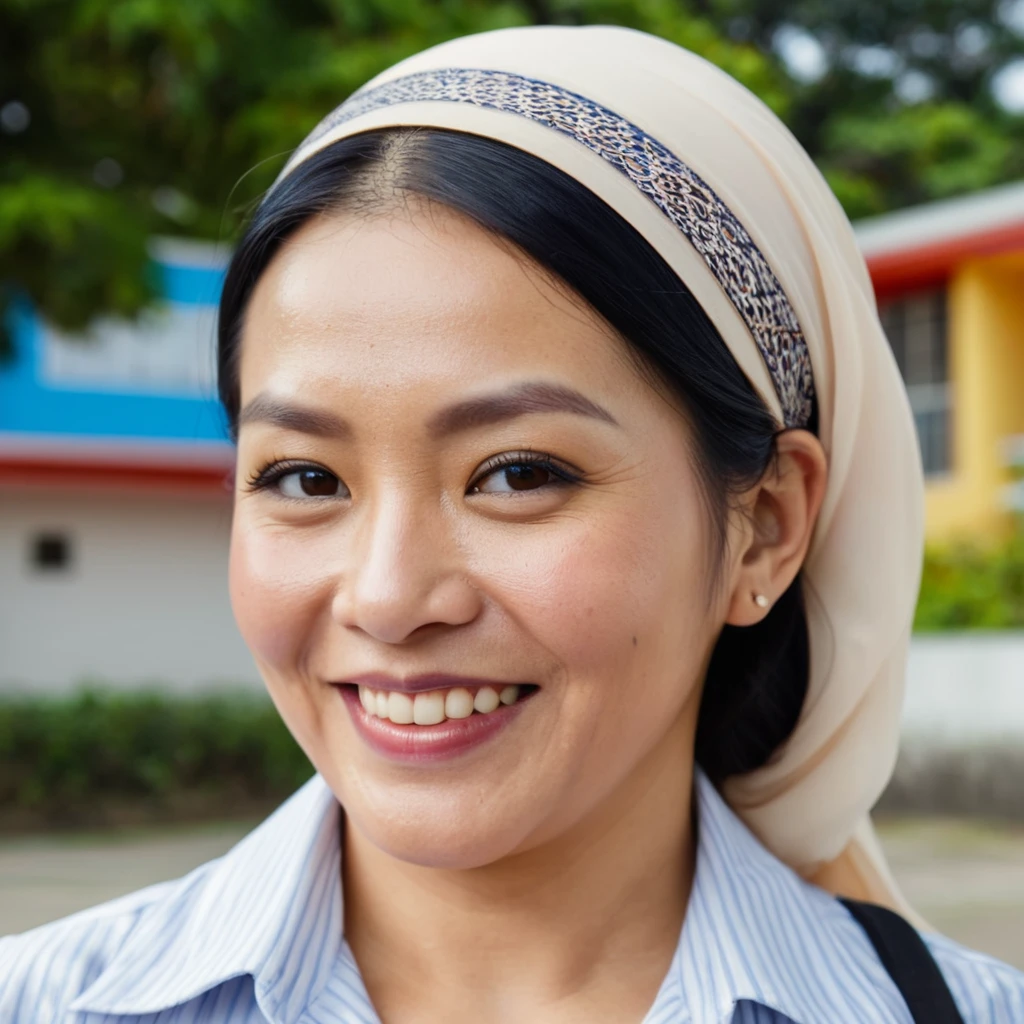 headshot photo of melayu teacher woman, 45 years old, fat, smile, looking at viewer, side view, school at the background