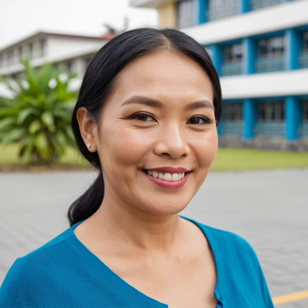 headshot photo of melayu teacher woman, 45 years old, fat, smile, looking at viewer, side view, school at the background