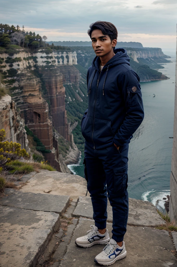 Young man indian face, wearing a navy blue hoodie jacket, cargo pants, standing on the edge of a high cliff. best quality