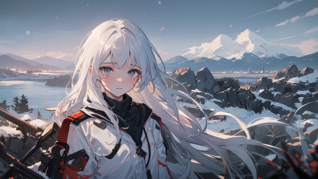 masterpiece:1.2), best quality , 独奏 ,pixiv, anime girl ,long straight white hair , black eyes ,Wearing off-white camouflage uniform ,ten years old,modern battlefield,(Eyes looking into the distance:1.3),(look away:1.5),snowy weather,dirty face,blood on forehead,dirty face,Backlight,Bare rocky peaks ,The expression is sad,leave tears,When the war situation seems to be developing for the better,,A girl wakes up from her deep sleep,She doesn't understand her own life、Not sure about the power in the body,As pure as white paper。At the same time, another soul is sleeping inside the girl's body.,it was an accident,It is also one of the waves that changes the world。Figures are smaller
