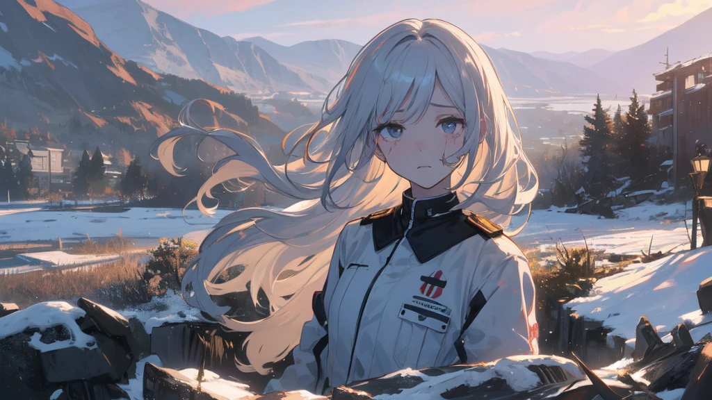 masterpiece:1.2), best quality , 独奏 ,pixiv, anime girl ,long straight white hair , black eyes ,Wearing off-white camouflage uniform ,ten years old,modern battlefield,(Eyes looking into the distance:1.3),(look away:1.5),snowy weather,dirty face,blood on forehead,dirty face,Backlight,Bare rocky peaks ,The expression is sad,leave tears,When the war situation seems to be developing for the better,,A girl wakes up from her deep sleep,She doesn't understand her own life、Not sure about the power in the body,As pure as white paper。At the same time, another soul is sleeping inside the girl's body.,it was an accident,It is also one of the waves that changes the world。Figures are smaller