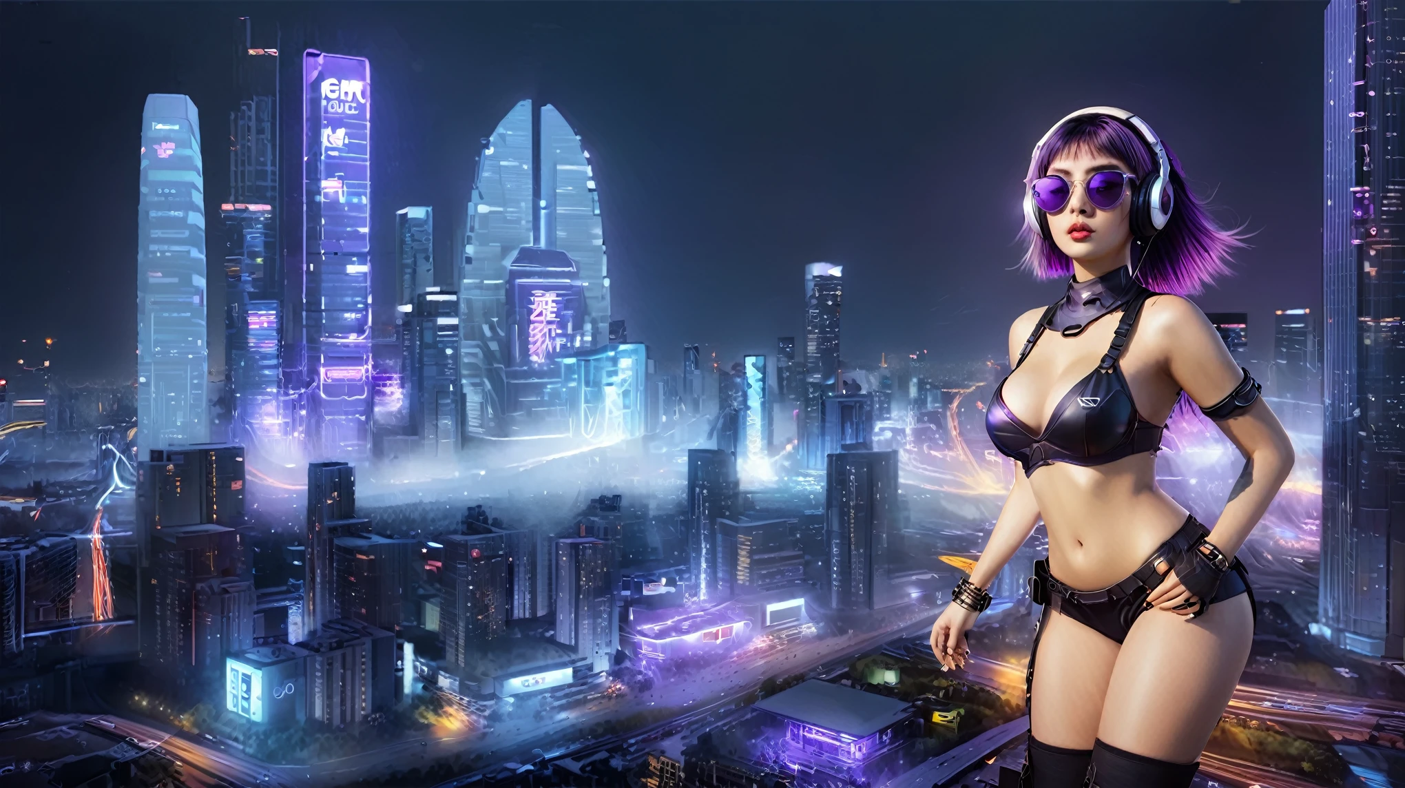 masterpiece, best quality, high resolution, 8k, (Portrait Photos:1.5), (R Original Photo), real picture, Digital Photography, (A fusion of cyberpunk and fantasy), 20 year old girl, solo, (((black sunglasses, headphone))), Feel free to hairstyle, Purple Eyes, By Bangs, (large breasts, cleavage, Accessories, Elegant and charming, Combination of cyberpunk and fantasy style clothing, Hollow carving design, Photo poses, Realistic style, (((((((pistol shooting pose))))))), oc render reflection texture, sentry, (((((aerial view of Cyberpunk style future city, giant (Chinese Terracotta Warriors) sculpture))))), night, Bustling streets, (((((half-body (thigh level) medium shot))))).