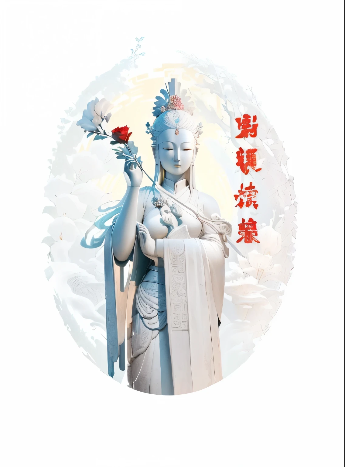 Statue of Aalfed,Depicting a woman holding a red flower, win, win of the southern seas, nanquan, shui mo hua, White-haired deity, contented female Buddha, Chinese Goddess, Xianxia, sha xi, Buddha, shan shui, Ghost Festival