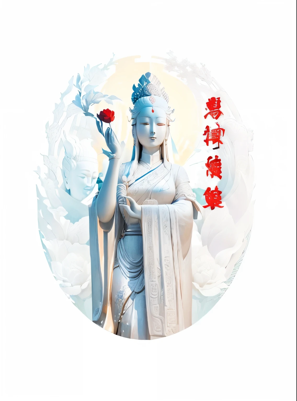 Statue of Aalfed,Depicting a woman holding a red flower, win, win of the southern seas, nanquan, shui mo hua, White-haired deity, contented female Buddha, Chinese Goddess, Xianxia, sha xi, Buddha, shan shui, Ghost Festival