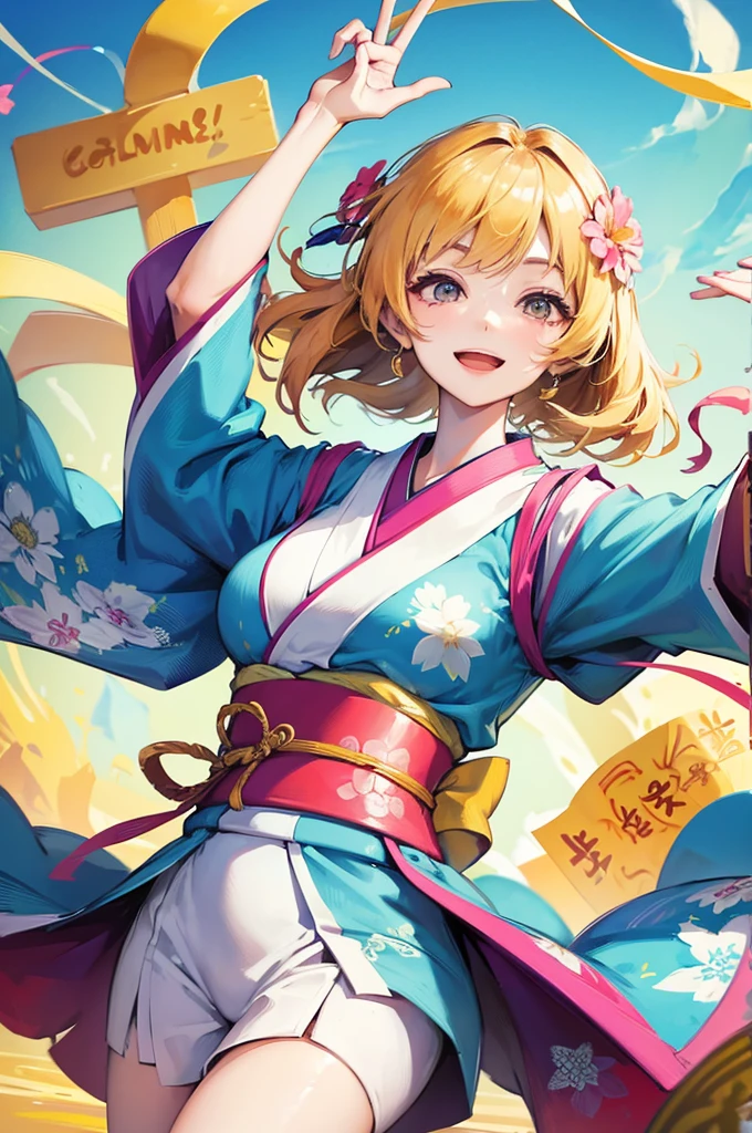 A beautiful smiling woman in a kimono greets people with a cheerful "Good morning" as she dances with her arms open under the blue sky