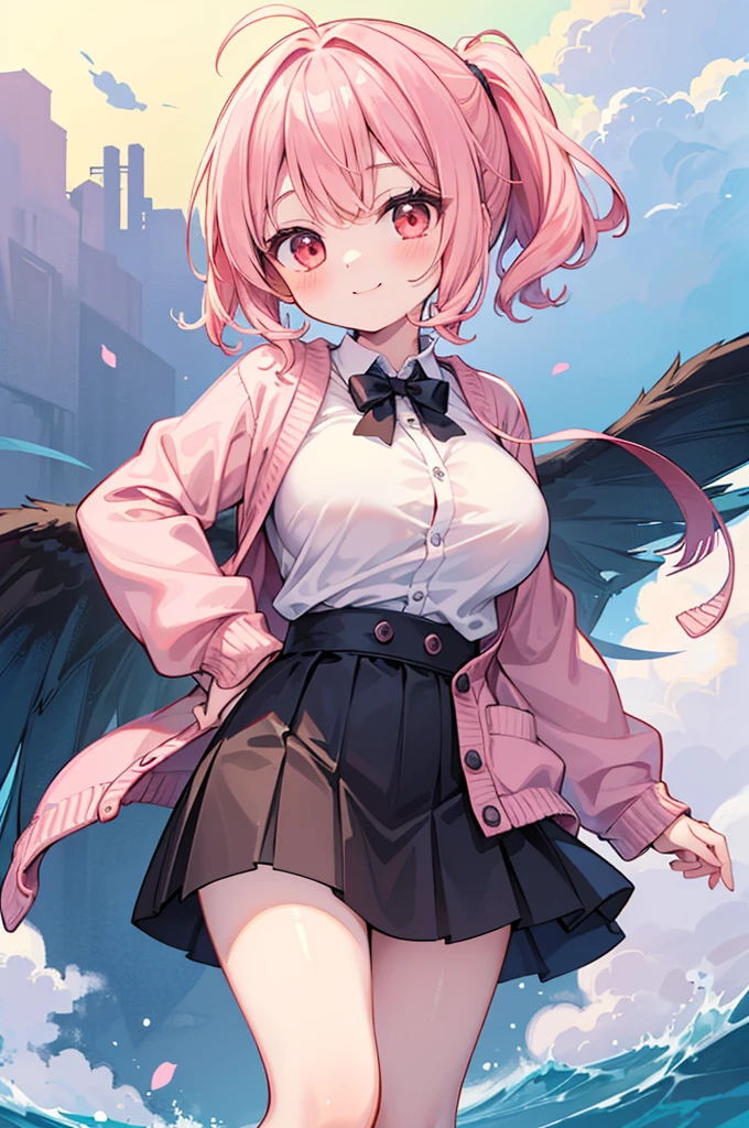 Fantasy,((Masterpiece)),((high resolution)),((Best Quality)),Anime illustration,((1girl)),(wavy hair),(short hair),(pale pink hair color),small ponytail,Red eyes,(Big round eyes),((tareme)),((child)),,((baby face)),((very big breasts)),Short stature,Young,(loli),,,card,mini skirt,smile,