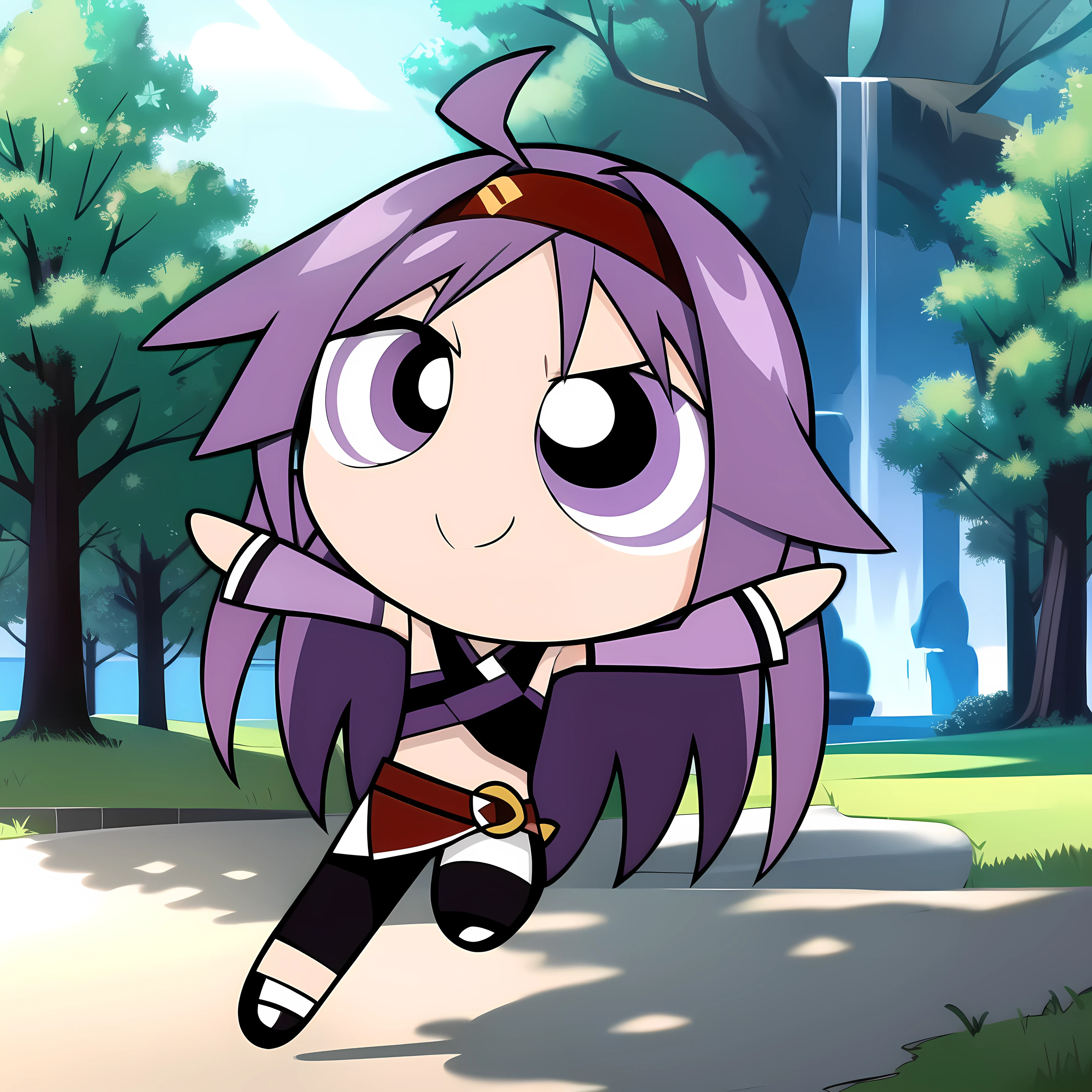 konno yuuki, cute smile, full body, 1boy , chibi, purple hair, purple eyes, big tree background,