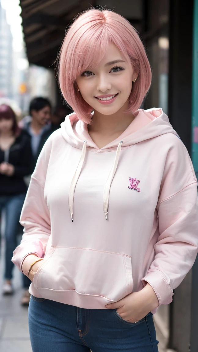 (Masterpiece, BestQuality:1.3), (ultra detailed:1.2), (hyperrealistic:1.3), (RAW photo:1.2), High detail RAW color photo, professional photograph, (Photorealistic:1.4), (realistic:1.4), (Pink Hair:1.5), professional lighting, perfect anatomy, (Big Breasts:1.2), (blush, detailed face), (cheerful Smile:1.5), Trending Hair&Trending Hairカラーをランダムに, earrings, necklace, bracelet, sexly, erotic sexly, Random sexy gravure poses, (A woman wearing a casual hoodie and jeans、Smiling on the city streets。With a bob cut hairstyle、Hands in pockets。:1.3)