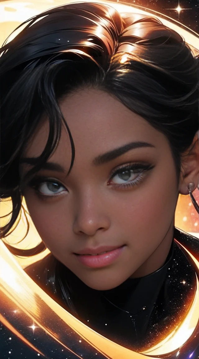 A totally black woman, 40 anos, blackhole skin sparkle in your skin, eyes are the most beautiful Galaxy in there. She have a simple spectacular smile