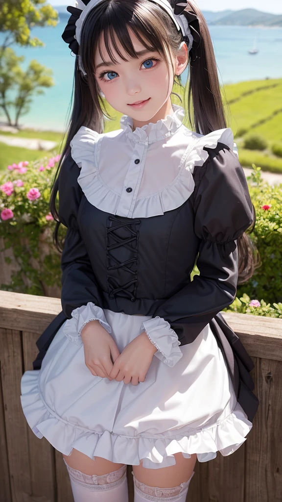 ((masterpiece)), ((highest quality、Ultra high definition)), (Very detailed),8K、Photo quality、((Amazingly cute girl)),( 14-year-old girl), Two people, , (Beautiful emerald blue eyes), ((smile)),In the open-air bath overlooking the sea, Beautifully arranged black hair in twin tails、whole body、((Super high-end white see-through summer gothic lolita maid costume、A super mini skirt with lots of frills))、Professional Lighting、(White lace knee-highore detailed and beautiful)、(More details and cutenesore realistic)、(((Just wear light clothing)))、