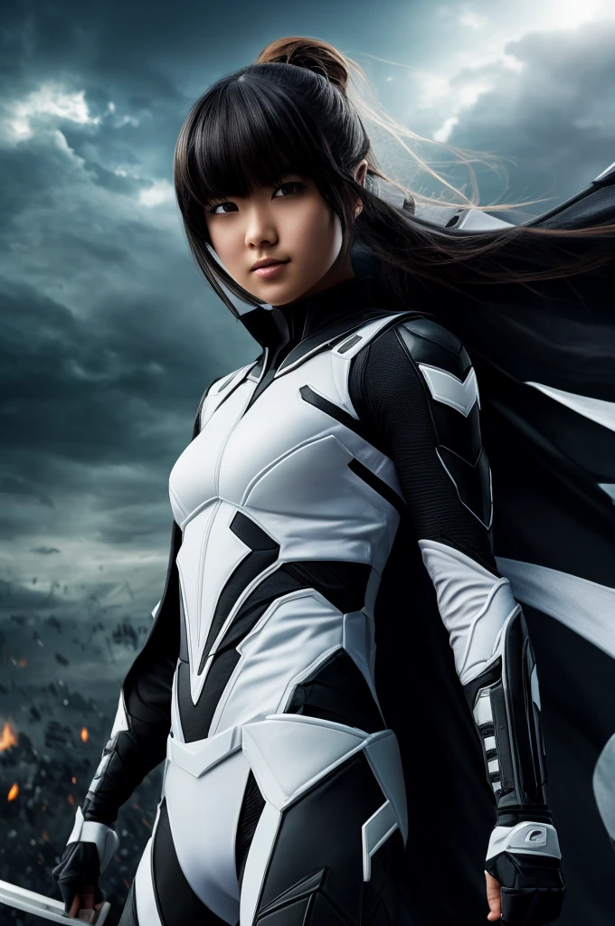 superhero, modern super hero costume, white bat costume, style like the black mouse suit and the Batman suit, suit for girl, ninja, with a Chinese sword, Beautiful Chinese woman, Chinese woman with bangs, courageous character, Kind, Brave, determination, on the battlefield, atmospheric perspective, Motion blur, 8K, super detailing, Best quality, uhd, high detail