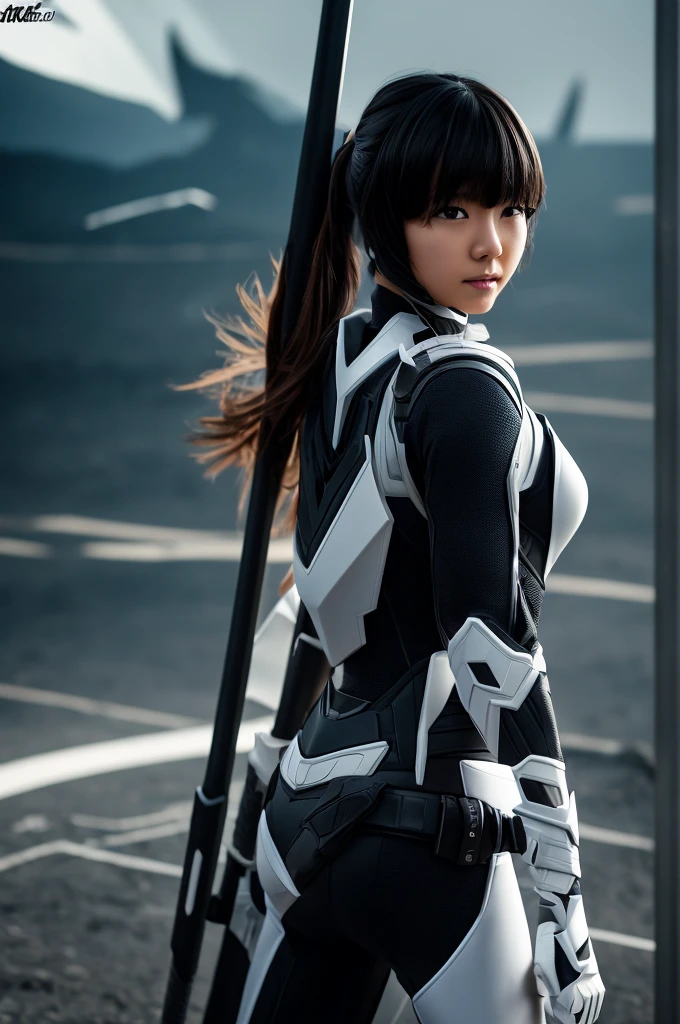 superhero, modern super hero costume, white bat costume, style like the black mouse suit and the Batman suit, suit for girl, ninja, with a Chinese sword, Beautiful Chinese woman, Chinese woman with bangs, courageous character, Kind, Brave, determination, on the battlefield, atmospheric perspective, Motion blur, 8K, super detailing, Best quality, uhd, high detail