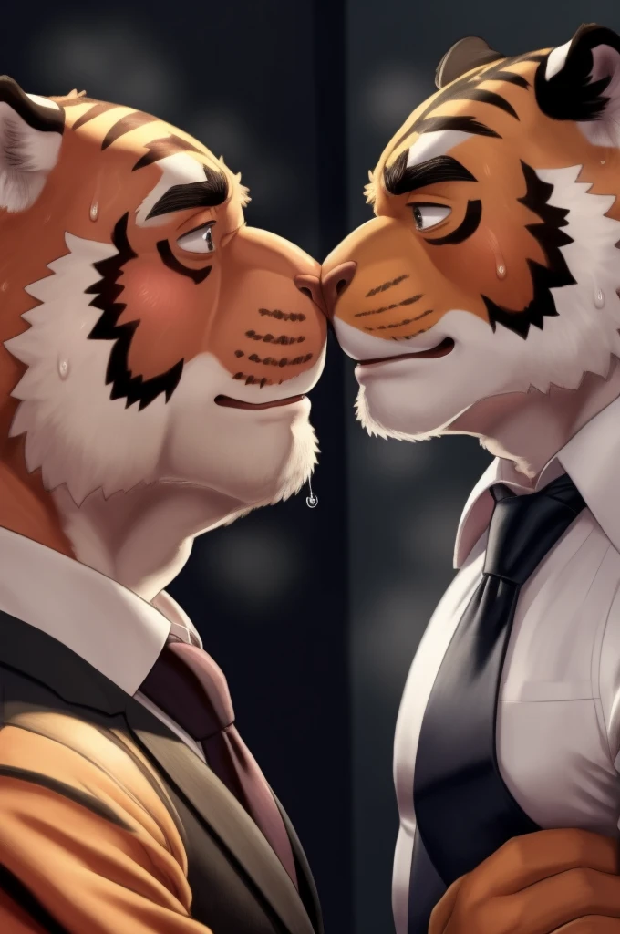Author: bontiage, (2 boy), tiger, big bulge crotch, boner, Black pants, (sweat:1.6), long sleeve plain White shirt, Blue necktie, Men's Second, kemono, hot body, muscle, Beautiful, sexual, Attractive guy, (Detailed black eyes), brows, (masterpiece, A high resolution, Best quality), 4K, a male, Beautiful shadow, (red cheek:1.5), (Twins facing each other:1.5),front side, They both look exactly the same