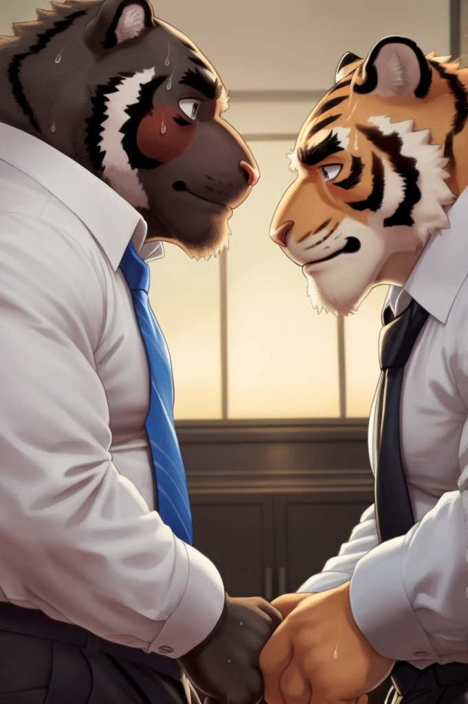 Author: bontiage, (2 boy), tiger, big bulge crotch, boner, Black pants, (sweat:1.6), long sleeve plain White shirt, Blue necktie, Men's Second, kemono, hot body, muscle, Beautiful, sexual, Attractive guy, (Detailed black eyes), brows, (masterpiece, A high resolution, Best quality), 4K, a male, Beautiful shadow, (red cheek:1.5), (Twins facing each other:1.5),front side, They both look exactly the same