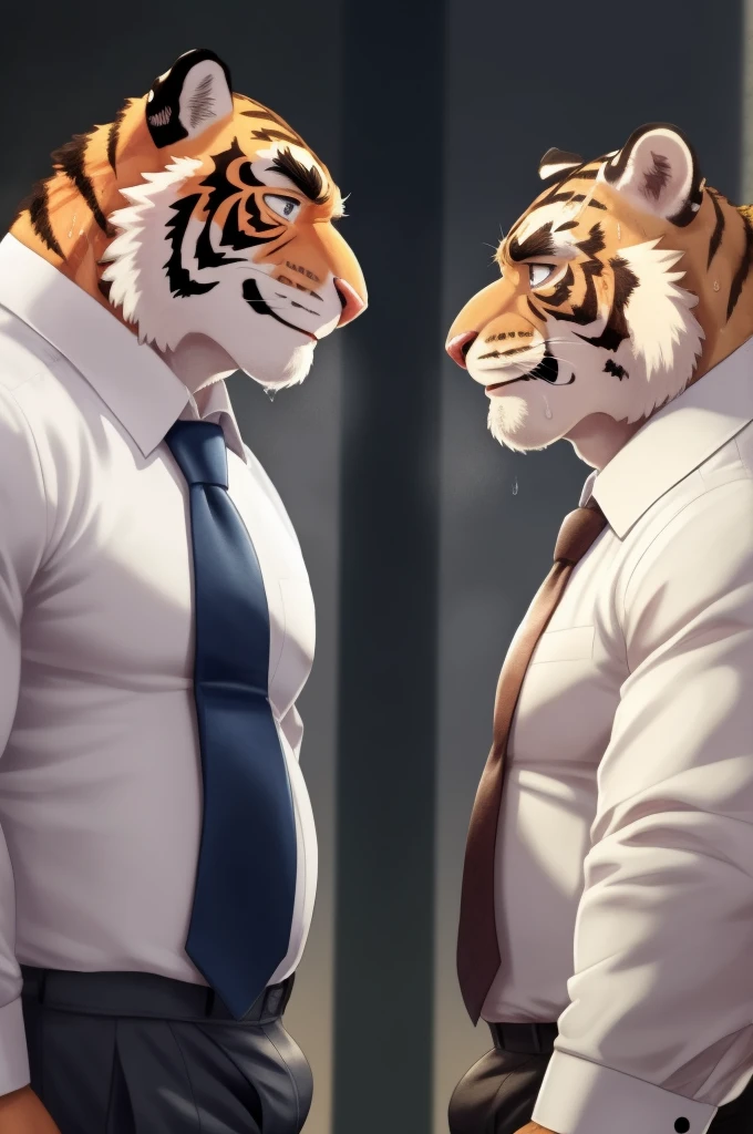 Author: bontiage, (2 boy), tiger, big bulge crotch, boner, Black pants, (sweat:1.6), long sleeve plain White shirt, Blue necktie, Men's Second, kemono, hot body, muscle, Beautiful, sexual, Attractive guy, (Detailed black eyes), brows, (masterpiece, A high resolution, Best quality), 4K, a male, Beautiful shadow, (red cheek:1.5), (Twins facing each other:1.5),front side, They both look exactly the same