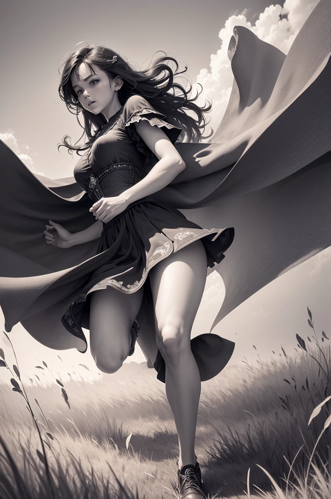 ((best quality)), ((masterpiece)), (detailed), hand in hand, good anatomy, dream like, running through field, only hands, some part coloured some part black and white, book cover