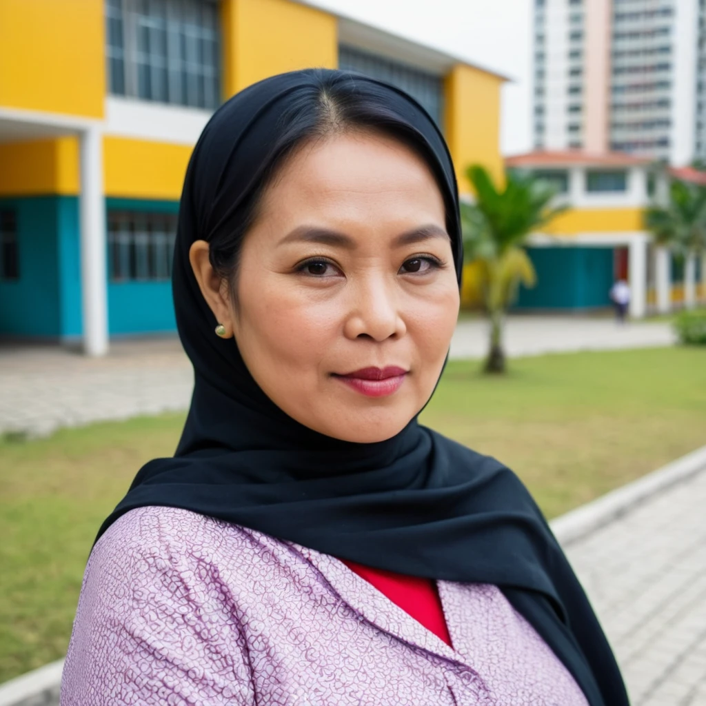 headshot photo of melayu teacher woman, 45 years old, fat, looking at viewer, side view, school at the background