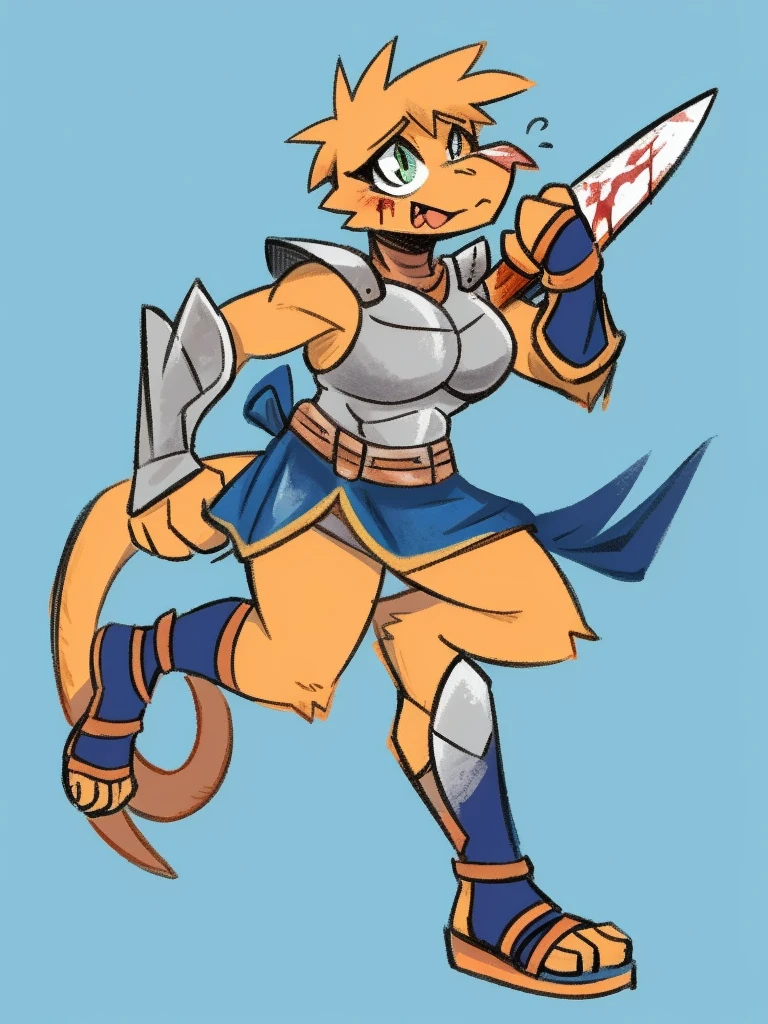 1girl, furry, furry_female, lizard_girl, solo, wearing full body leather armor, , gladiator sandals,gladiator skirt, humanoid feet, holding sword, nosebleed,bloody nose