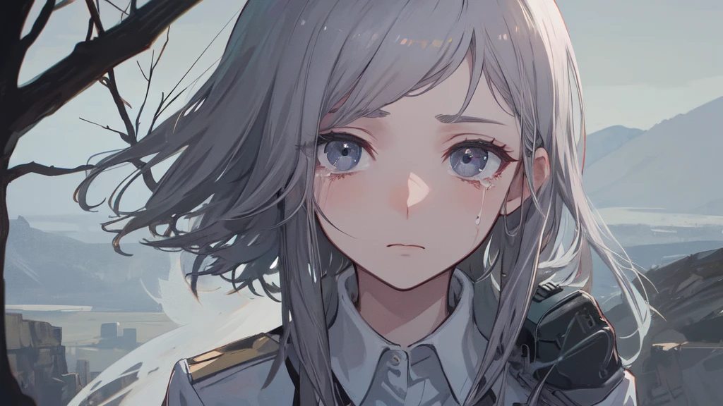 masterpiece:1.2), best quality , 独奏 ,pixiv, anime girl ，long straight white hair , black eyes ,Wearing off-white camouflage uniform ,ten years old，modern battlefield，(Eyes looking into the distance:1.3)，(look away:1.5)，snowy weather，dirty face，blood on forehead，dirty face，Backlight，Bare rocky peaks ,The expression is sad，leave tears，When the war situation seems to be developing for the better,，A girl wakes up from her deep sleep，She doesn&#39;t understand her own life、Not sure about the power in the body，As pure as white paper。At the same time, another soul is sleeping inside the girl&#39;s body.，it was an accident，It is also one of the waves that changes the world。People are smaller in the frame