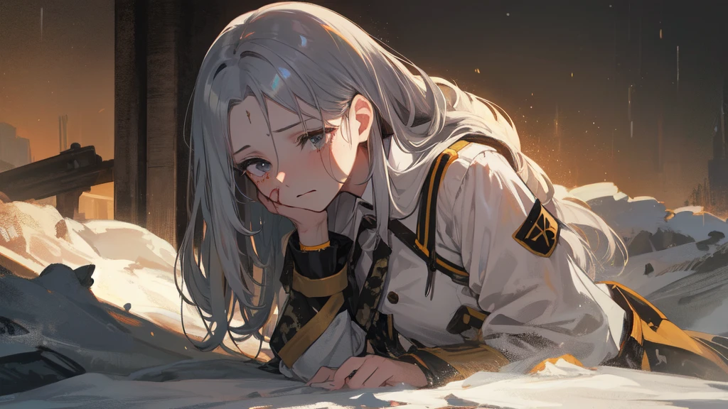 masterpiece:1.2), best quality , 独奏 ,pixiv, anime girl ，long straight white hair , black eyes ,Wearing off-white camouflage uniform ,，modern battlefield，(Eyes looking into the distance:1.3)，(look away:1.5)，snowy weather，dirty face，blood on forehead，dirty face，Backlight，Bare rocky peaks ,The expression is sad，leave tears，When the war situation seems to be developing for the better,，A girl wakes up from her deep sleep，She doesn&#39;t understand her own life、Not sure about the power in the body，As pure as white paper。At the same time, another soul is sleeping inside the girl&#39;s body.，it was an accident，It is also one of the waves that changes the world。People are smaller in the frame