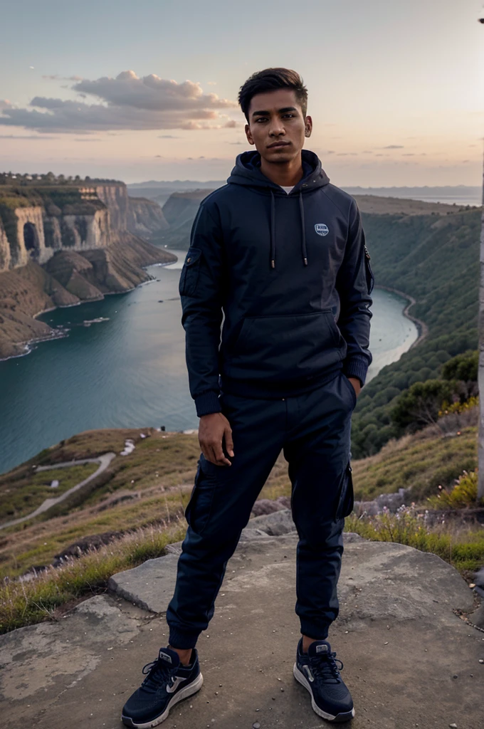 Young man indian face, wearing a navy blue hoodie jacket, cargo pants, standing on the edge of a high cliff. best quality