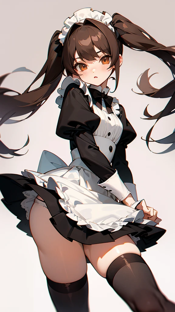 Twin tails　Brown Hair　
　Black knee-high socks　　Panty shot　Lolita Face　White panties　Maid clothes　