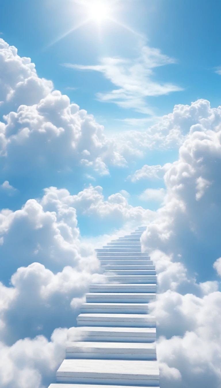 a beautiful ethereal landscape, a white cloud staircase leading up into a serene blue sky, fluffy soft white clouds, dreamlike, whimsical, (best quality,4k,8k,highres,masterpiece:1.2),ultra-detailed,(realistic,photorealistic,photo-realistic:1.37),landscape,fantasy,dramatic lighting,vibrant colors,serene,peaceful,calming,ethereal atmosphere