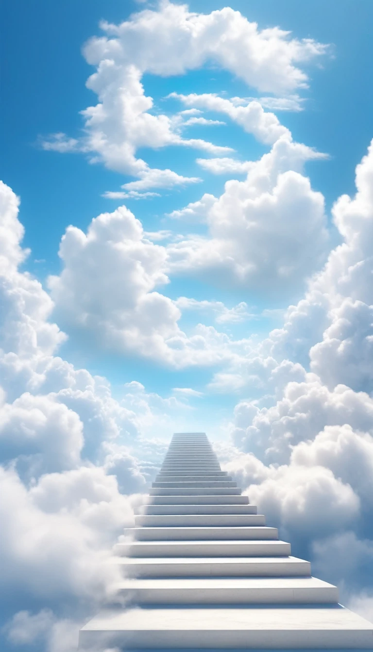 a beautiful ethereal landscape, a white cloud staircase leading up into a serene blue sky, fluffy soft white clouds, dreamlike, whimsical, (best quality,4k,8k,highres,masterpiece:1.2),ultra-detailed,(realistic,photorealistic,photo-realistic:1.37),landscape,fantasy,dramatic lighting,vibrant colors,serene,peaceful,calming,ethereal atmosphere