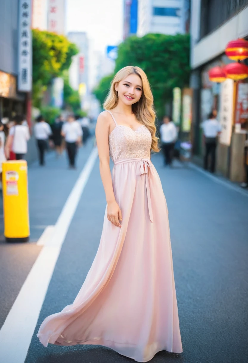 Leila、18-year-old、（Russian women）、（Cute face）、（Thin contours:1.3）、（Grey Eyes:1.8）、（Big Breasts:1.3）、（Narrow waist）、（Blonde semi-long hair:1.3）8-head-tall model style、Full body angle、smile、Long dress、Inside the city of Tokyo