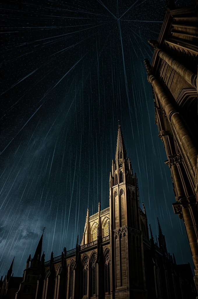 View from below, gothic church at night, rain, hyperrealism