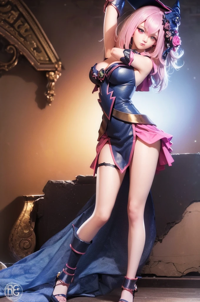 a dark magician girl, seductive pose, short dress, garters, full body facing the viewer, detailed face and eyes, detailed anatomy, cinematic lighting, photorealistic, 8k, high quality, dramatic colors, fantasy art style 