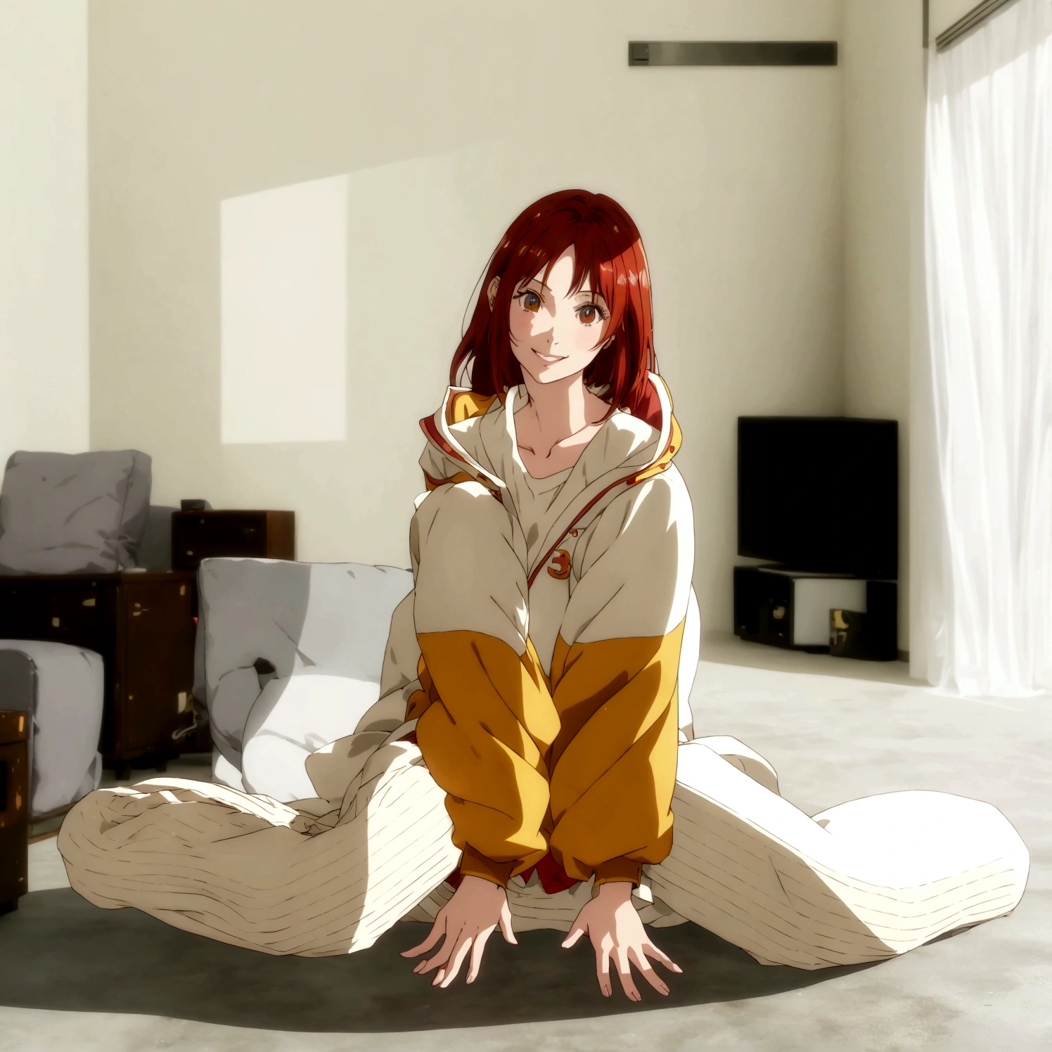 smile、anime - style image of a woman sitting on the floor in a living room, the anime girl is crouching, realistic anime 3 d style, 3 d anime realistic, anime styled 3d, 3d anime girl, made with anime painter studio, 3 d anime, sayori, 3d anime, asuka suit under clothes!, pixiv 3dcg