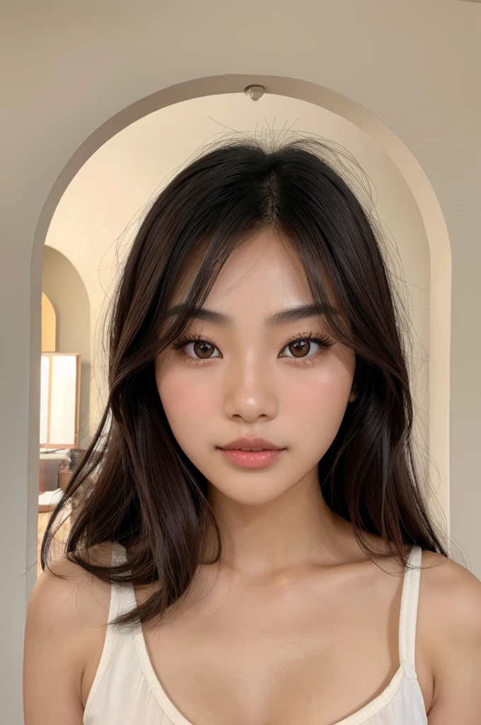 An asian girl with wavy dark brown hair, almond eyes, heart shaped lips , soft arch eyebrows, long nose and no makeup