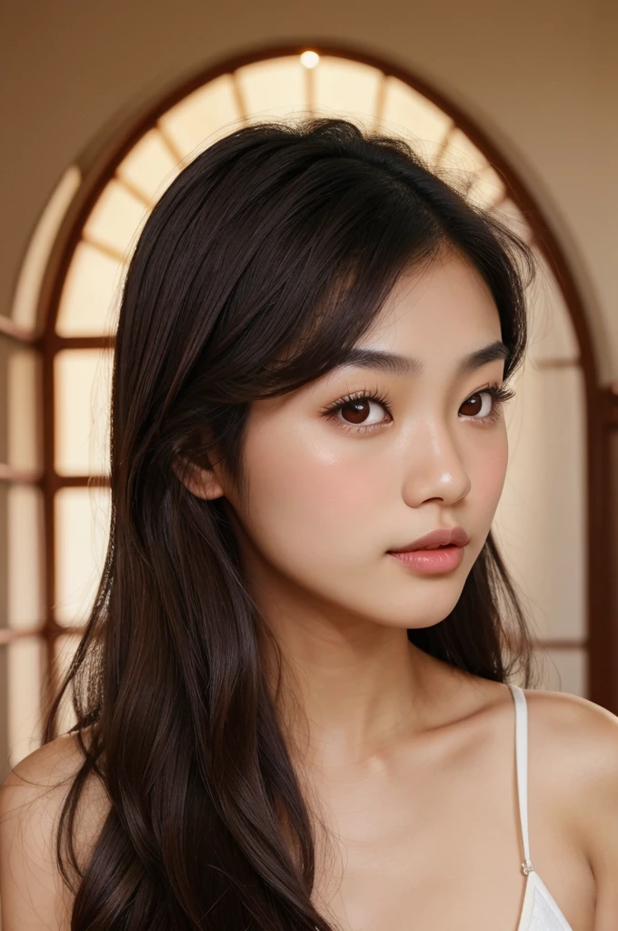 An asian girl with wavy dark brown hair, almond eyes, heart shaped lips , soft arch eyebrows, long nose and no makeup