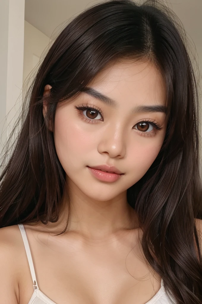 An asian girl with wavy dark brown hair, almond eyes, heart shaped lips , soft arch eyebrows, long nose and no makeup