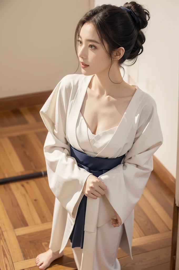 (((best quality))),(((ultra detailed))),(((masterpiece))),illustration,1girl,solo,short ponytail,slim,thin,small breasts,flat chest,white collar,white kendogi,three-quarter sleeves,cleavage,maxi navy-blue kendo hakama,slender legs,standing in kendo gym,arms behind back,focused and determined expression,ready for challenge,slender and elegant face,confident and resilient,fair skin,blush,neat teeth,bright smile,clean and tidy uniform,wooden gym floor,wall,pine scent,standard grip,ready to slice through obstacles,strong belief,determination,spirit of resilience,admiring,from front,full body,bare feet