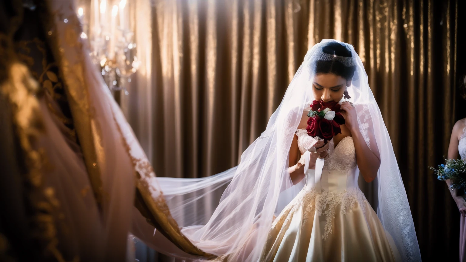 A woman in a black wedding gown, black veil, standing center stage, spotlight on her, wedding scene, holding flowers, head bowed, eyes closed, kissing flowers, single tear, extremely detailed makeup, hyper realistic, professional photography, 8K