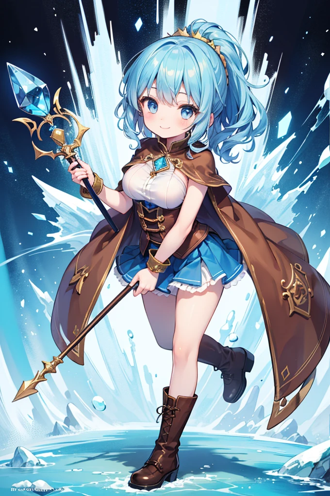 Fantasy,((Masterpiece)),((high resolution)),((Best Quality)),Anime illustration,((1girl)),(wavy hair),(short hair),(pale blue hair color),small ponytail,headband,Indigo eyes,(Big round eyes),((tareme)),(()),12 yeby face)),((verasts)),Short stature,Young,(loli),,ice wizard,sleevele white blouse,Blue mini skirt,slit,Brown corset,brown capelet,smile,,Brown long boots,wizard's wand with blue gem,