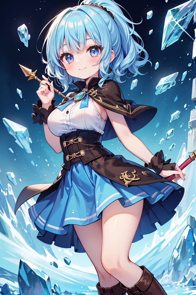 Fantasy,((Masterpiece)),((high resolution)),((Best Quality)),Anime illustration,((1girl)),(wavy hair),(short hair),(pale blue hair color),small ponytail,headband,Indigo eyes,(Big round eyes),((tareme)),(()),12 yeby face)),((verasts)),Short stature,Young,(loli),,ice wizard,sleevele white blouse,Blue mini skirt,slit,Brown corset,brown capelet,smile,,Brown long boots,wizard's wand with blue gem,
