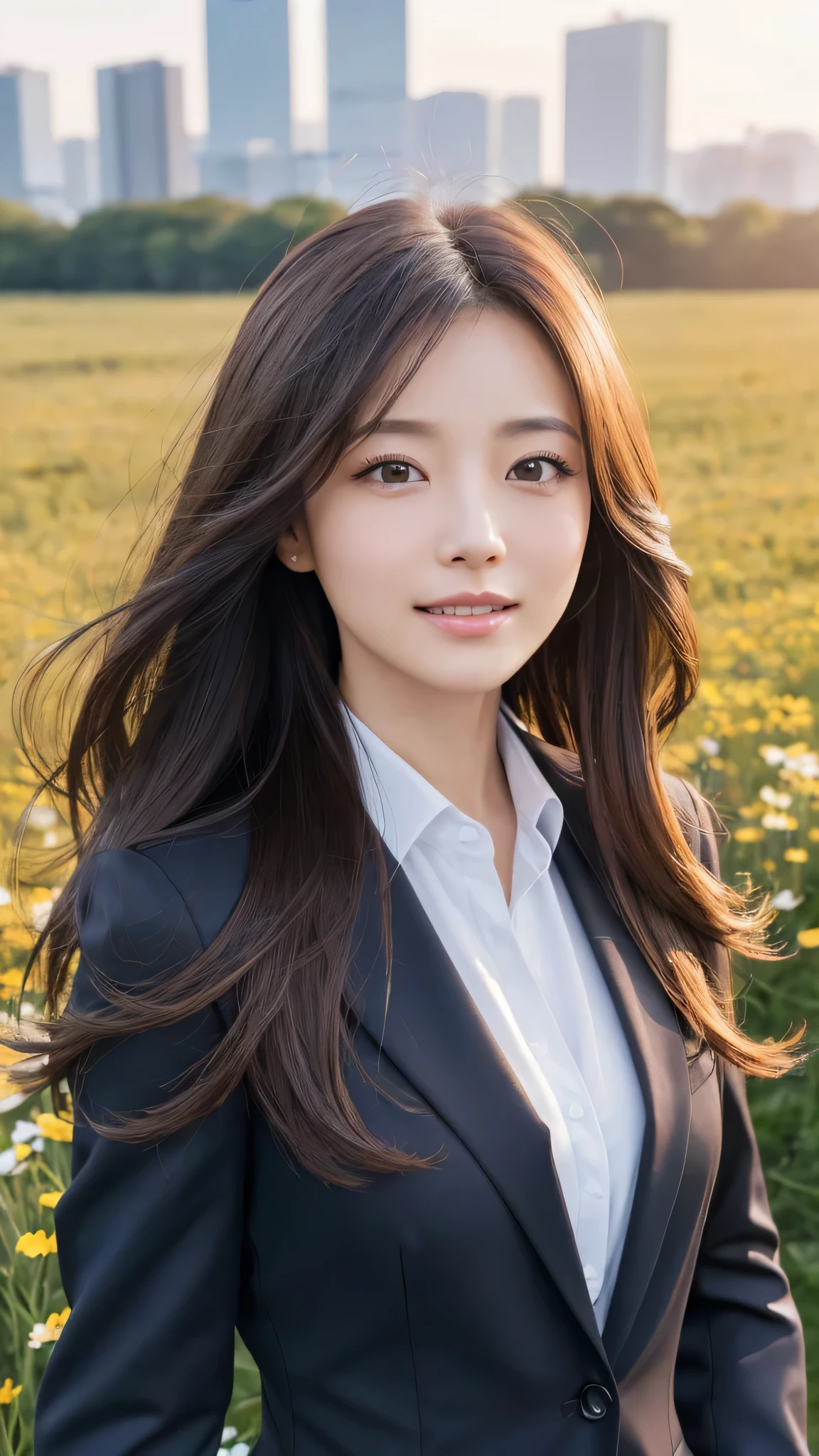 highest quality、genuine、Super detailed、finely、High resolution、8k wallpaper、one beautiful woman、、、light brown disheveled hair、wearing a business suit、sharp focus、perfect dynamic composition、beautiful and detailed eyes、thin hair、Detailed genuine skin texture、smile、model body shape、In Tokyo at morning、In a windswept meadow