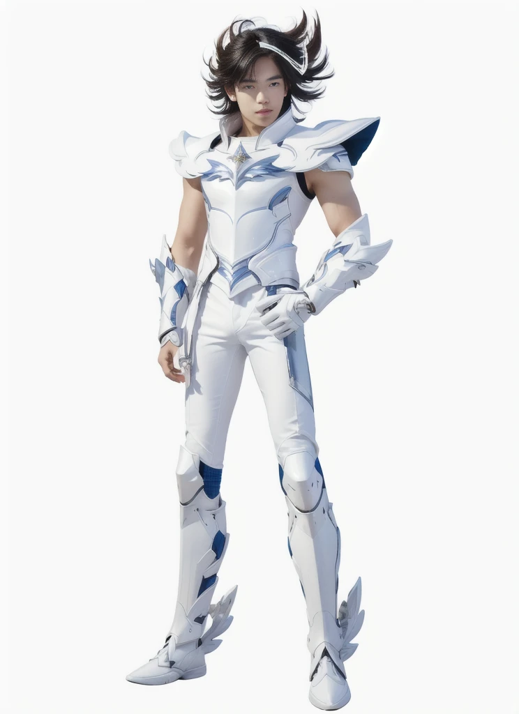realistic photo, a cartoon image of a young Asian man in white outfit without sleeves, saint seiya, glossy white armor, matt white color armor, white metallic armor, matt white ice color armor, sleek bright white armor, sliver ice color reflected armor, streamlined white armor, with sleek silver armor, official art, full body picture, fullbody shot, full portrait of magical knight, knights of zodiac
